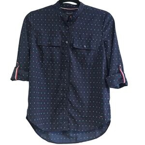 Tommy Hilfiger Navy Micro Print Mandarin Collar Roll Tab Shirt XXS